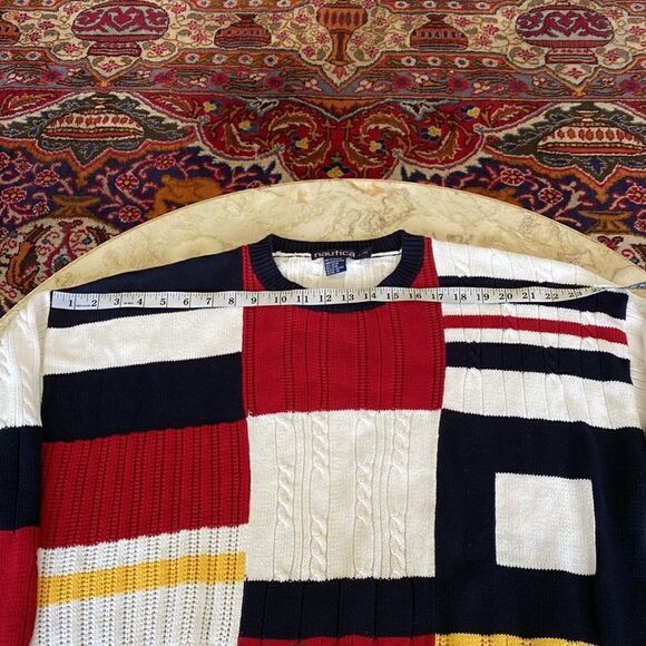 90’s Nautica Colour Block 100% Cotton Multi Colour Cable Knit Oversized Sweater - Picture 10 of 13